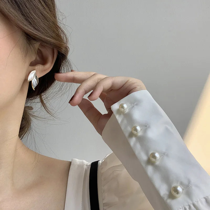 Elegant Grey Leaf Stud Earrings