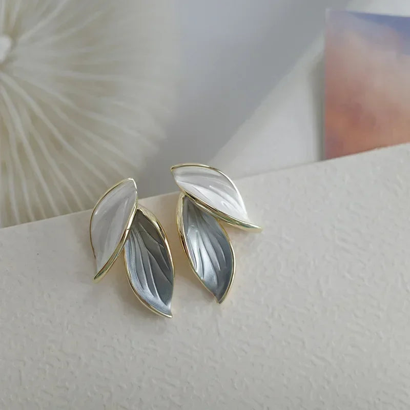 Elegant Grey Leaf Stud Earrings
